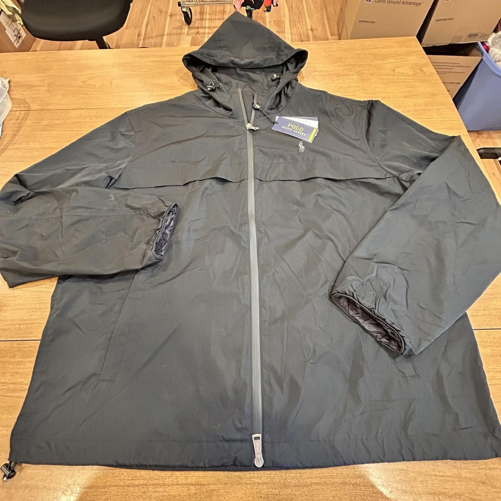 Polo Ralph Lauren Jacket Mens L Black Hooded Windbreaker Performance Mesh Lined